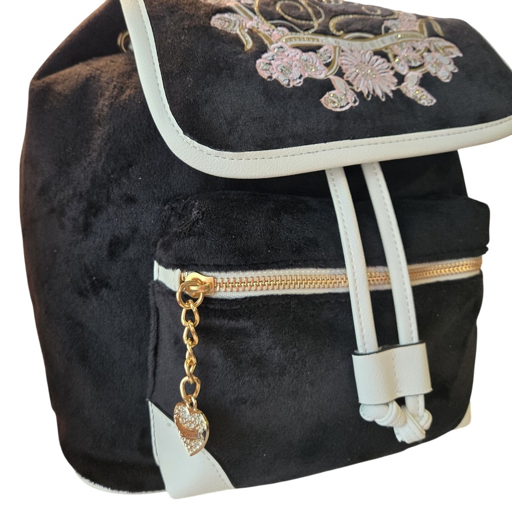 Juicy Couture Backpack Black Velour Rhinestone Floral Y2K Coquette Bag